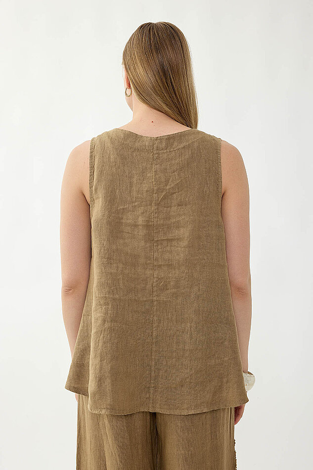 %100 Keten Çiçek Motifli Sıfır Kol Bluz - 9