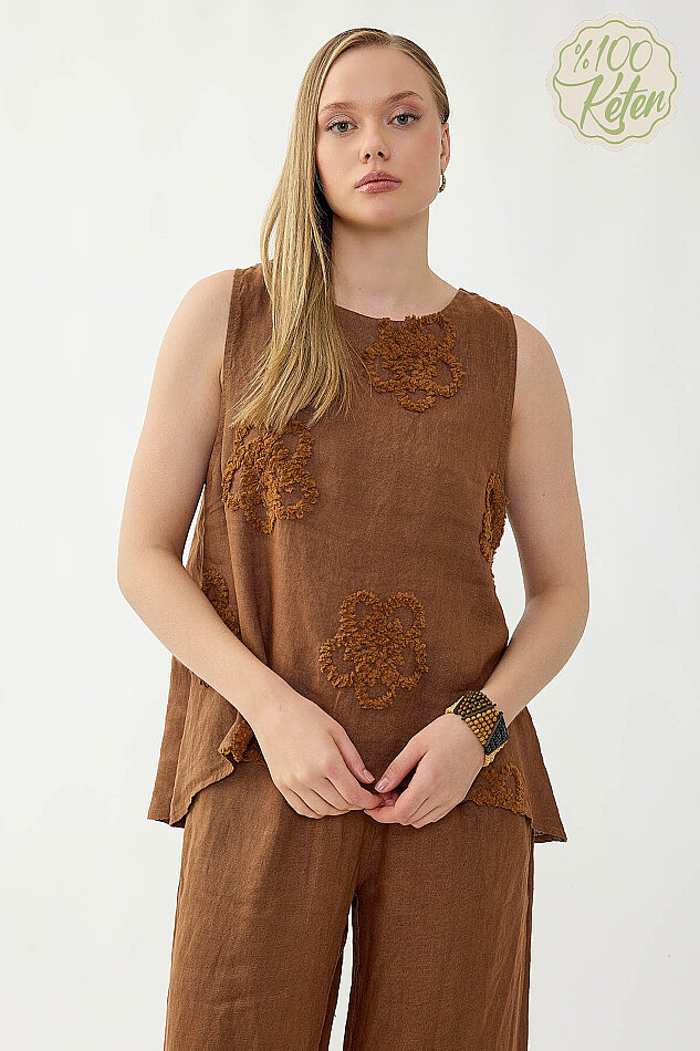 %100 Keten Çiçek Motifli Sıfır Kol Bluz - 10