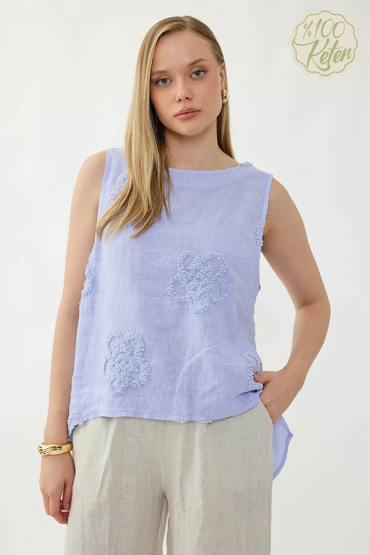 %100 Keten Çiçek Motifli Sıfır Kol Bluz - Thumbnail