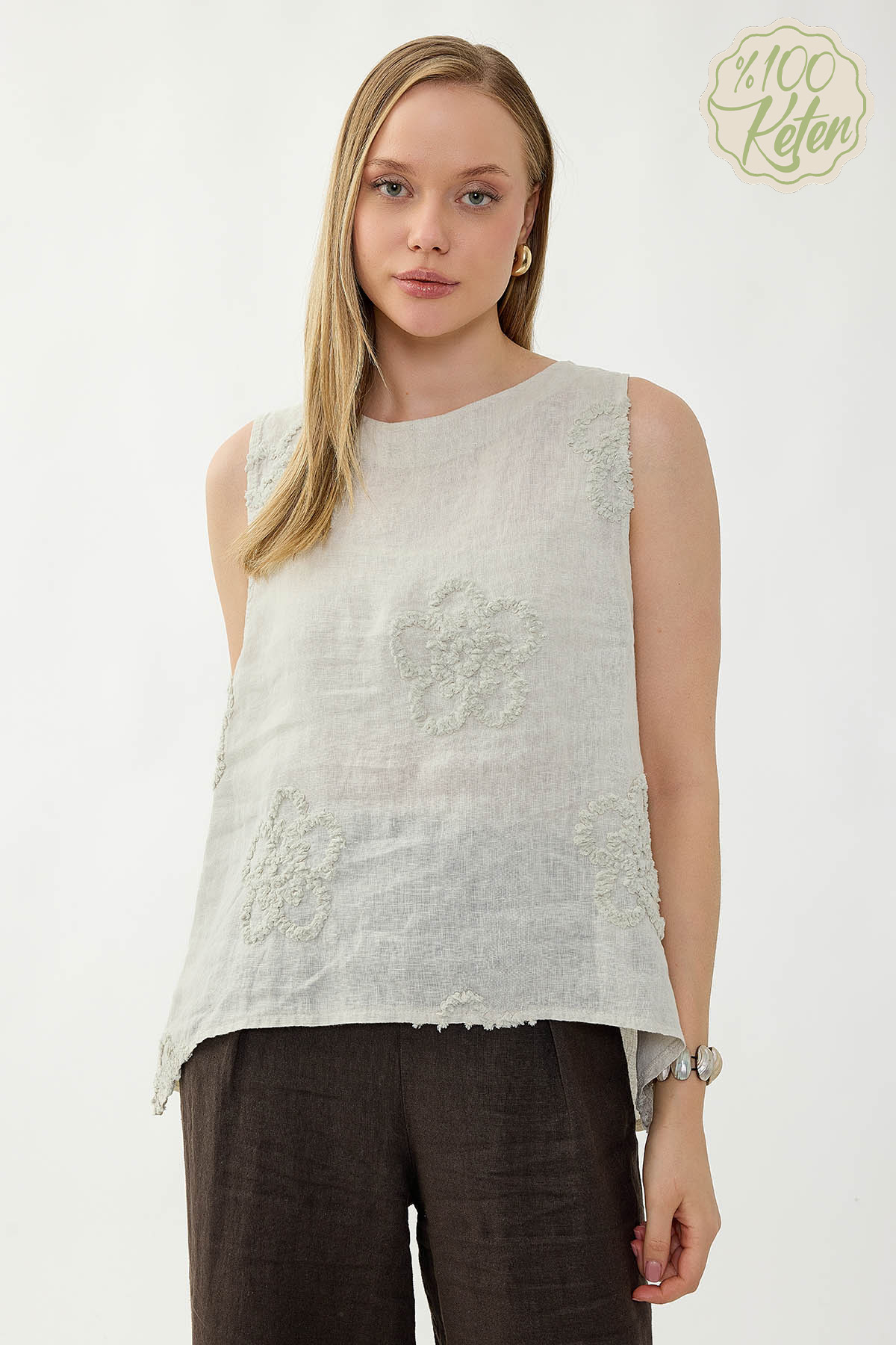 %100 Keten Çiçek Motifli Sıfır Kol Bluz - Thumbnail