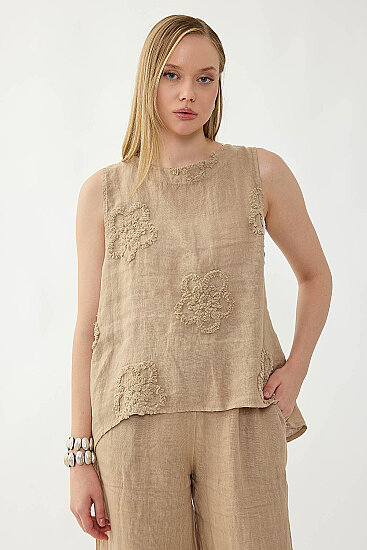 %100 Keten Çiçek Motifli Sıfır Kol Bluz - 40