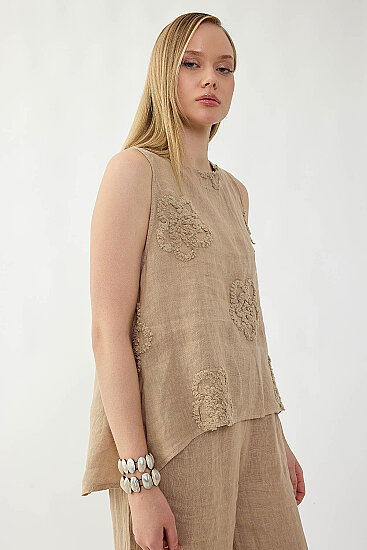 %100 Keten Çiçek Motifli Sıfır Kol Bluz - 41