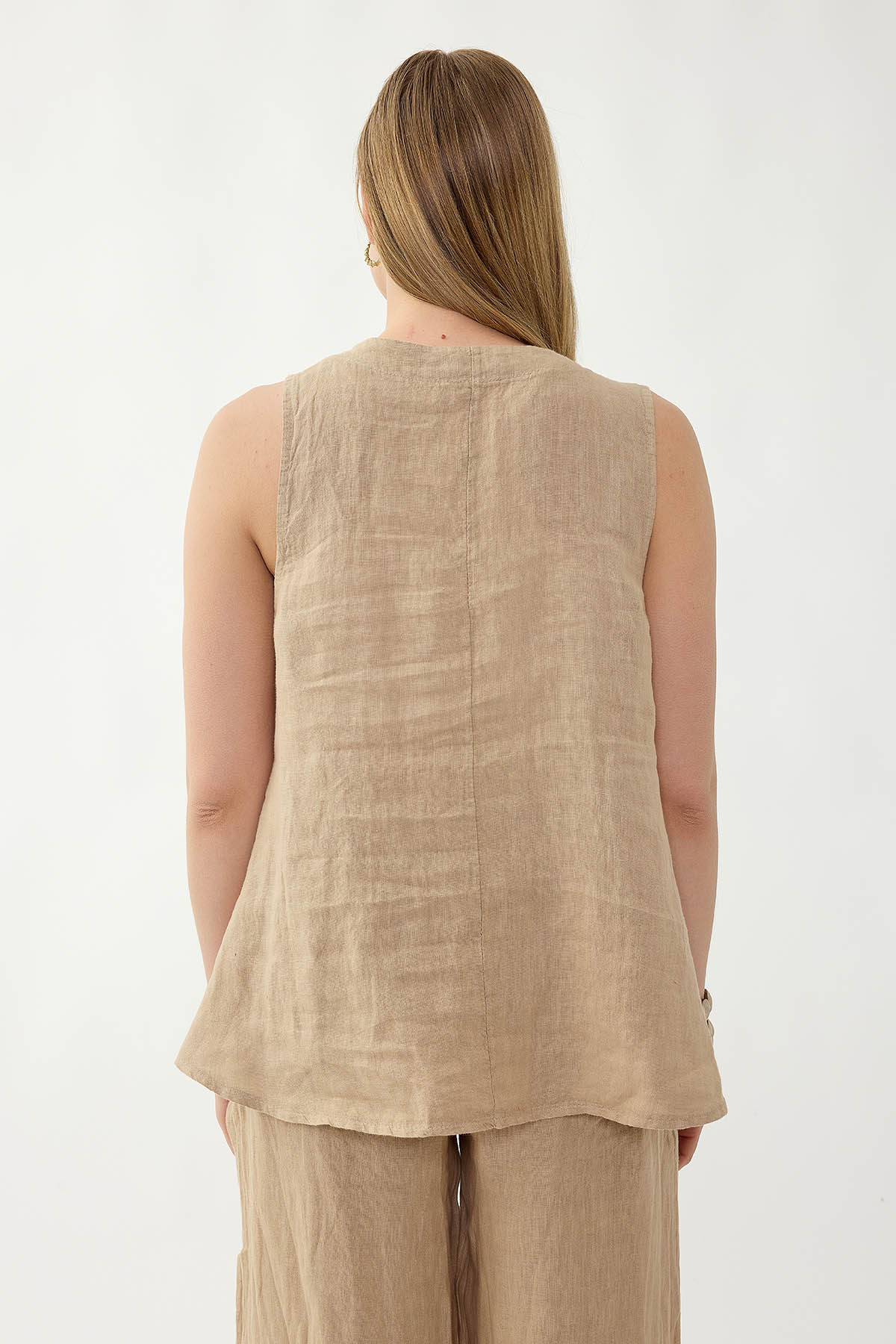 %100 Keten Çiçek Motifli Sıfır Kol Bluz - Thumbnail