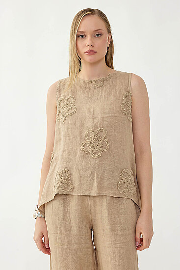 %100 Keten Çiçek Motifli Sıfır Kol Bluz - 44