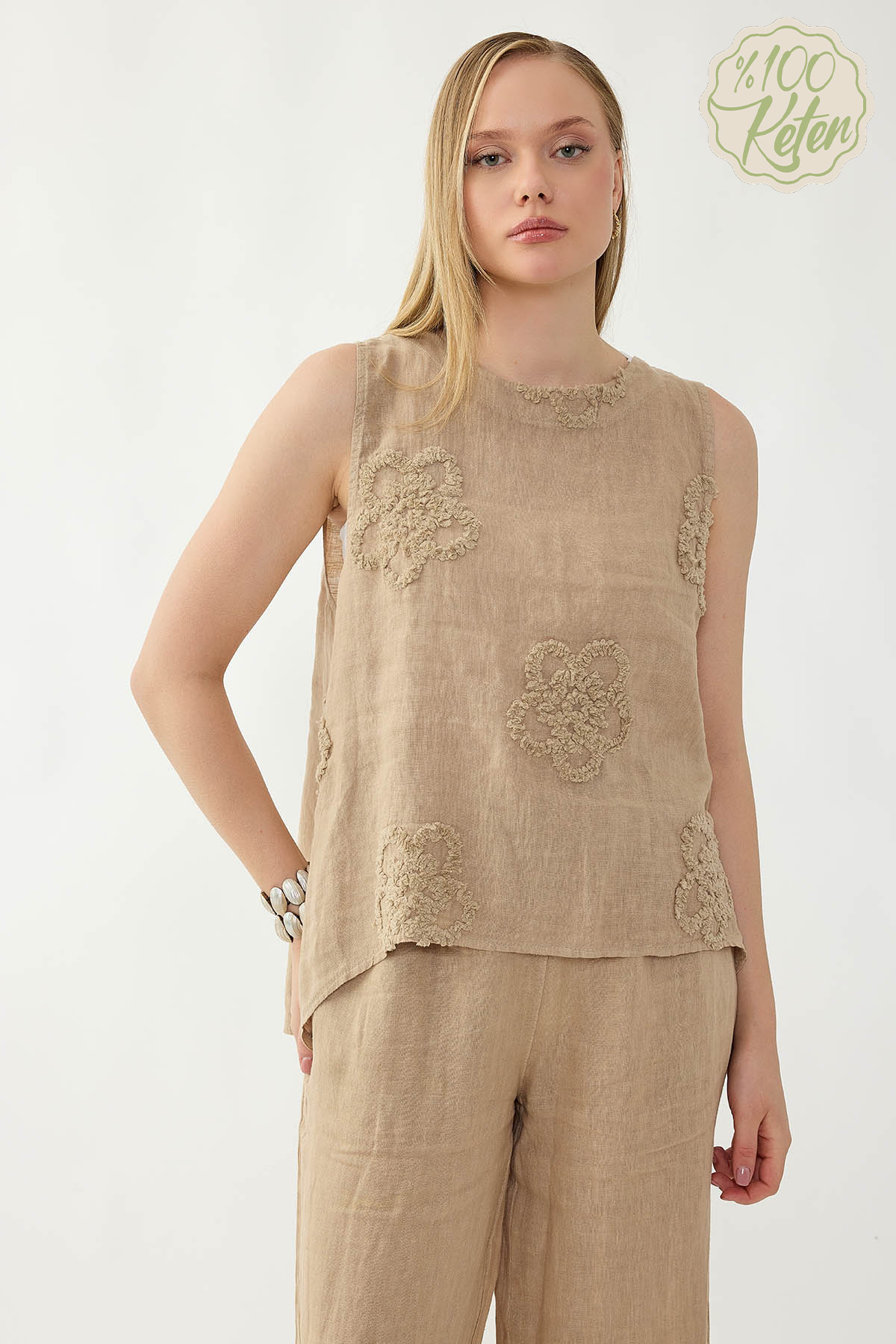 %100 Keten Çiçek Motifli Sıfır Kol Bluz - Thumbnail