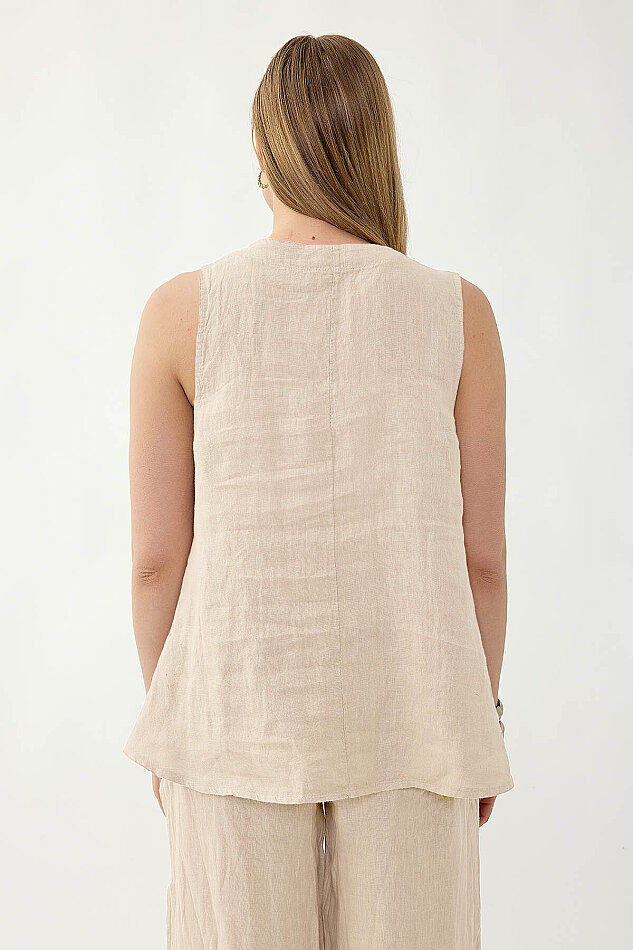 %100 Keten Çiçek Motifli Sıfır Kol Bluz - 48