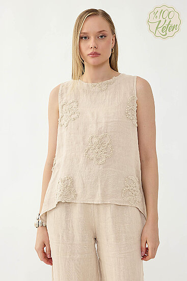 %100 Keten Çiçek Motifli Sıfır Kol Bluz - 45