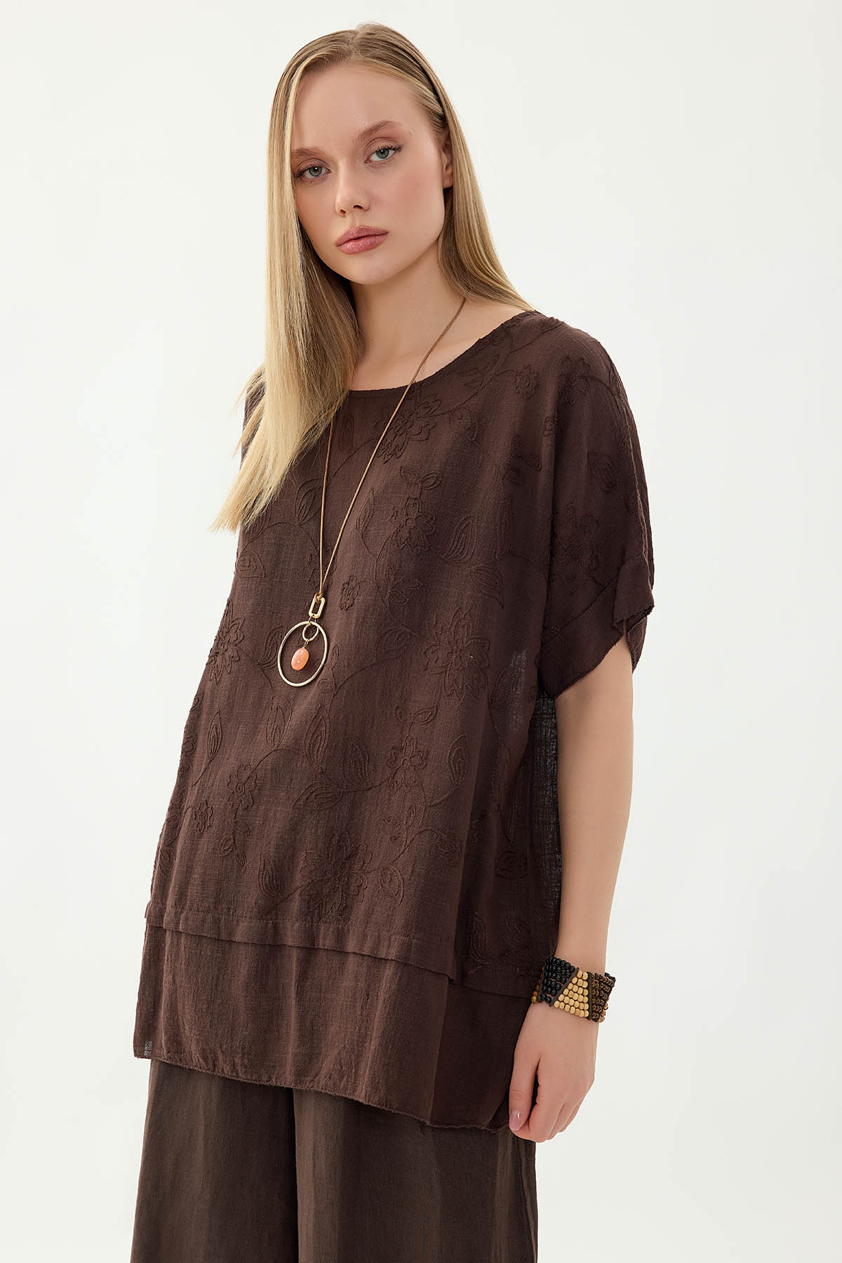 %100 Keten Çiçekli Oversize Bluz - Thumbnail