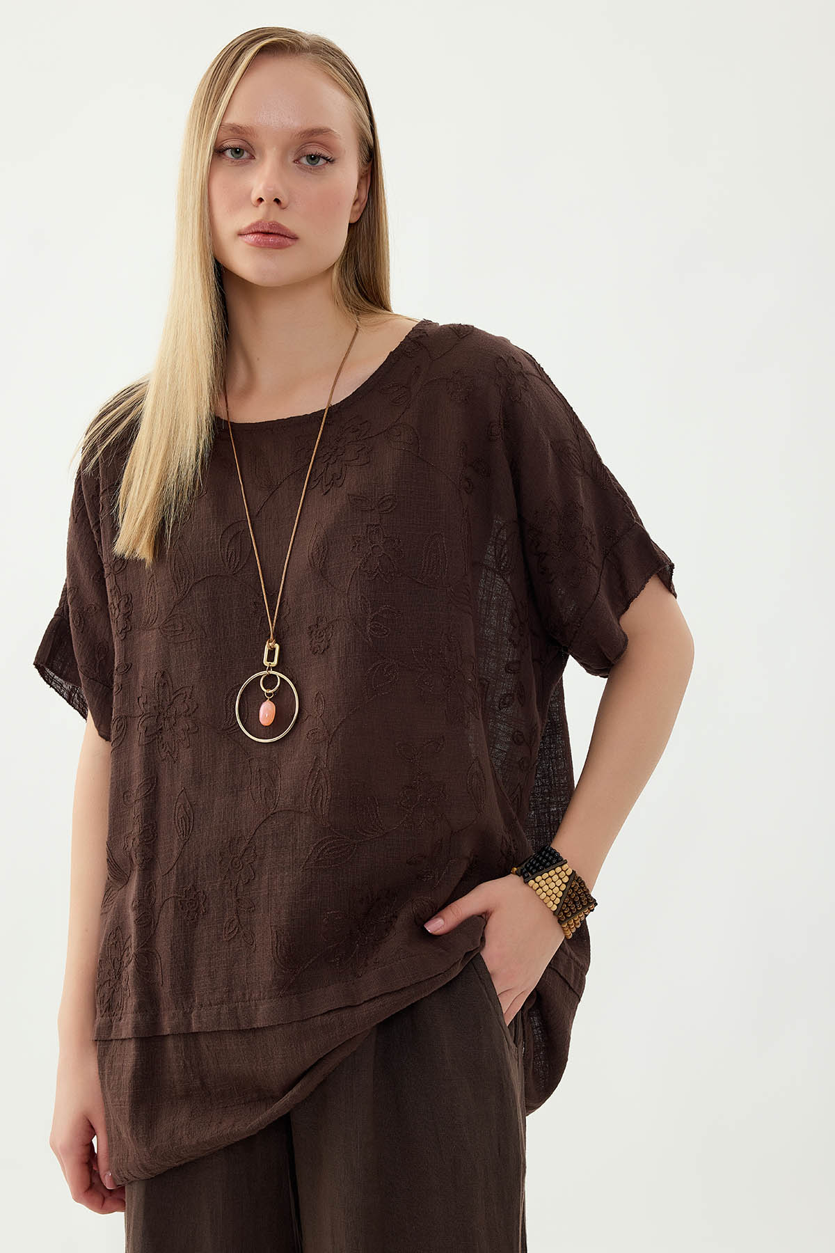 %100 Keten Çiçekli Oversize Bluz - Thumbnail