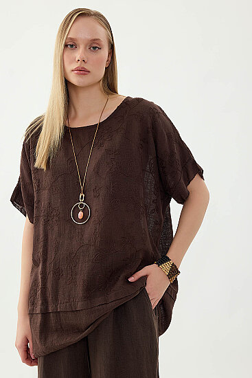 %100 Keten Çiçekli Oversize Bluz - 3