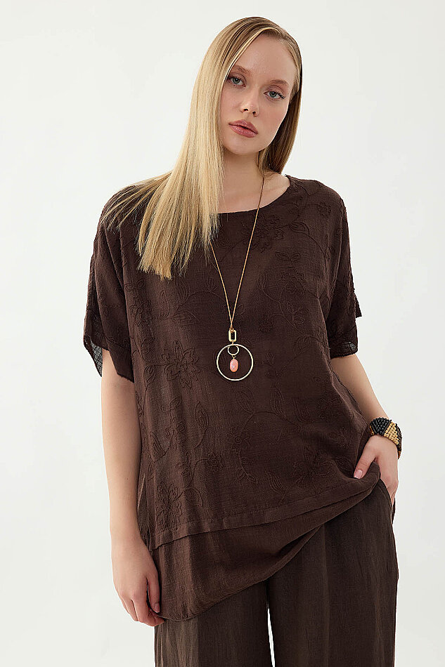 %100 Keten Çiçekli Oversize Bluz - 4