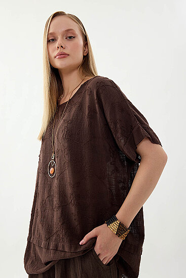 %100 Keten Çiçekli Oversize Bluz - 6