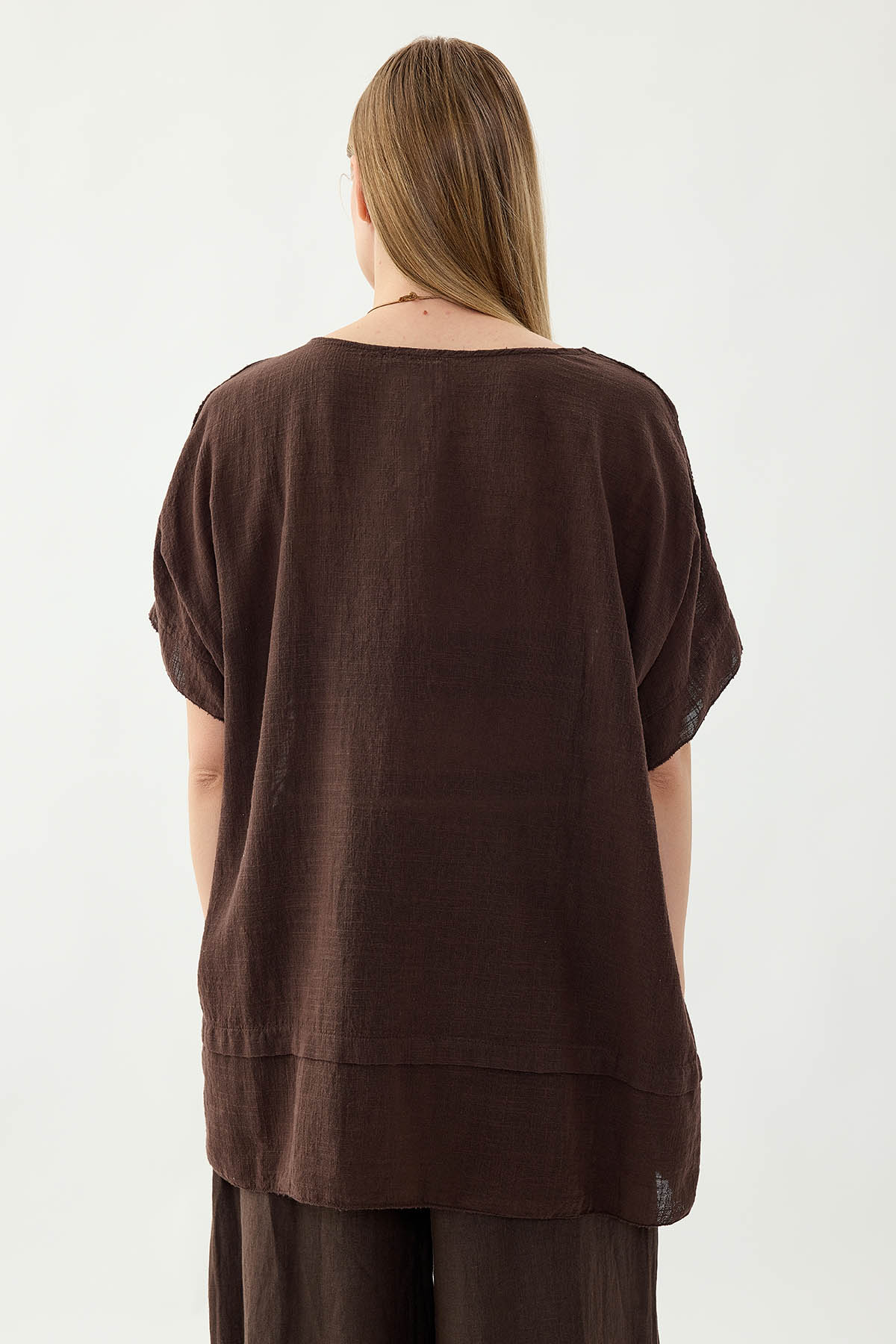 %100 Keten Çiçekli Oversize Bluz - Thumbnail