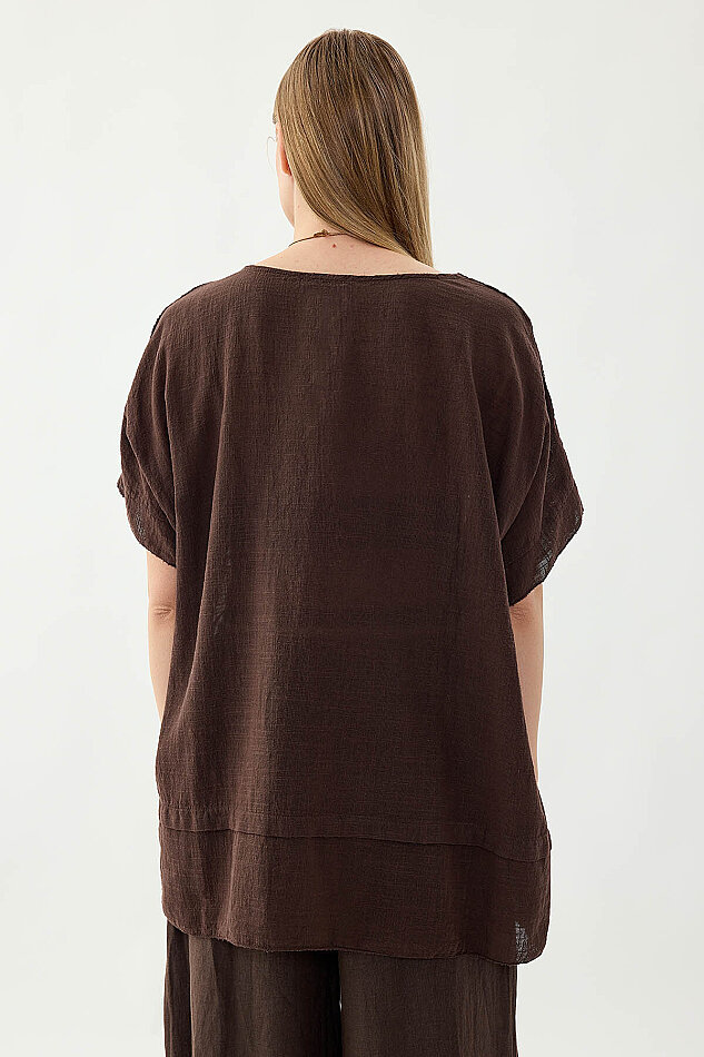 %100 Keten Çiçekli Oversize Bluz - 5