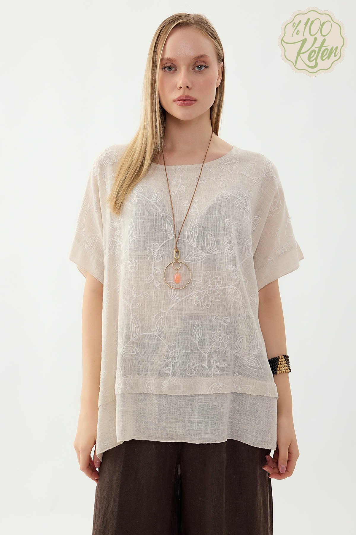 %100 Keten Çiçekli Oversize Bluz - Thumbnail