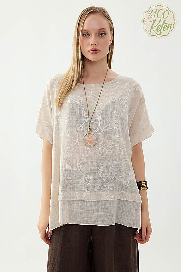%100 Keten Çiçekli Oversize Bluz - 8