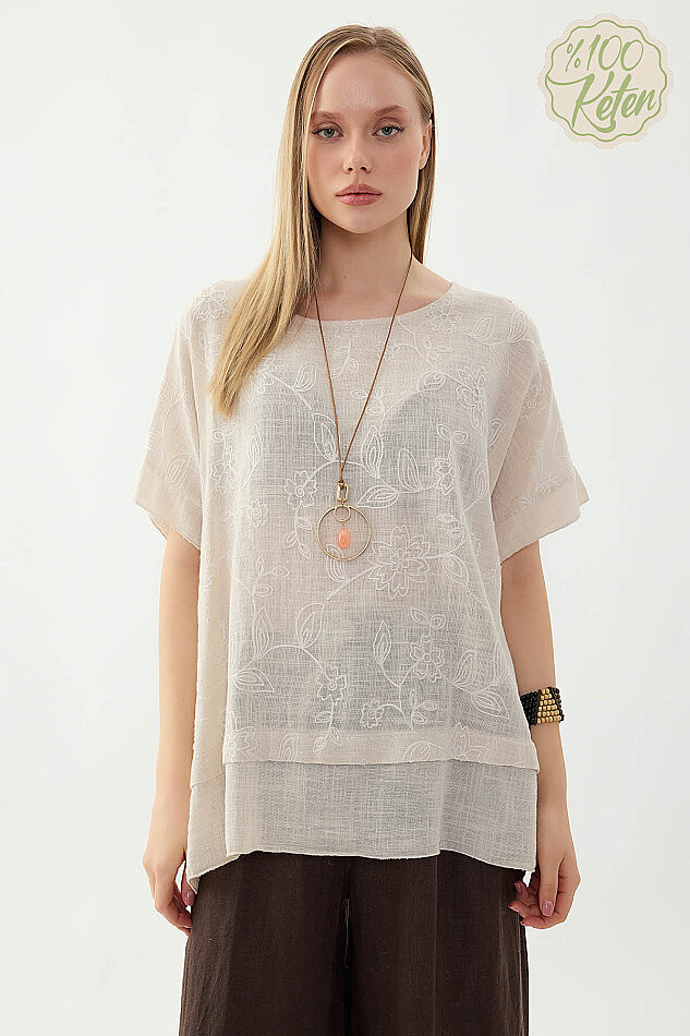 %100 Keten Çiçekli Oversize Bluz - 8