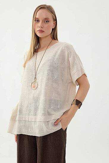 %100 Keten Çiçekli Oversize Bluz - 9