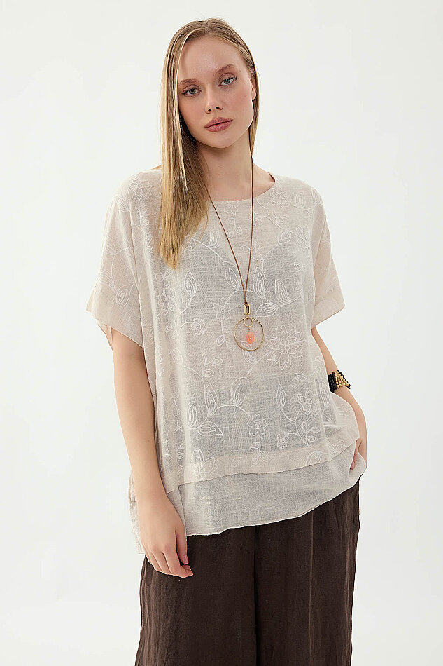 %100 Keten Çiçekli Oversize Bluz - 10