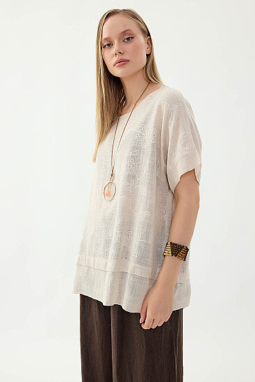 %100 Keten Çiçekli Oversize Bluz - 11