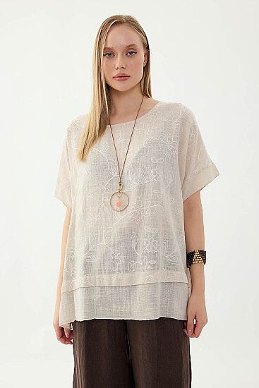 %100 Keten Çiçekli Oversize Bluz - 13