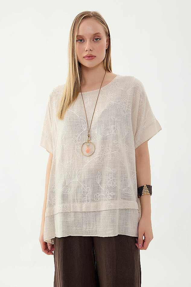 %100 Keten Çiçekli Oversize Bluz - 13