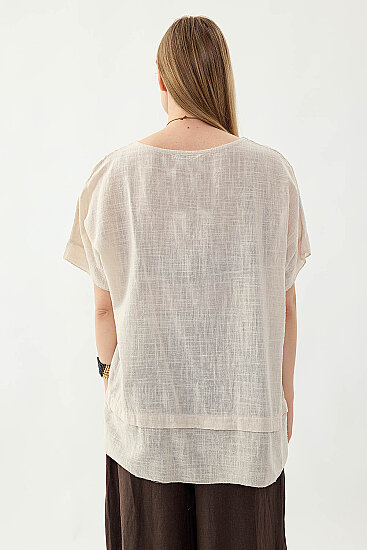 %100 Keten Çiçekli Oversize Bluz - 12