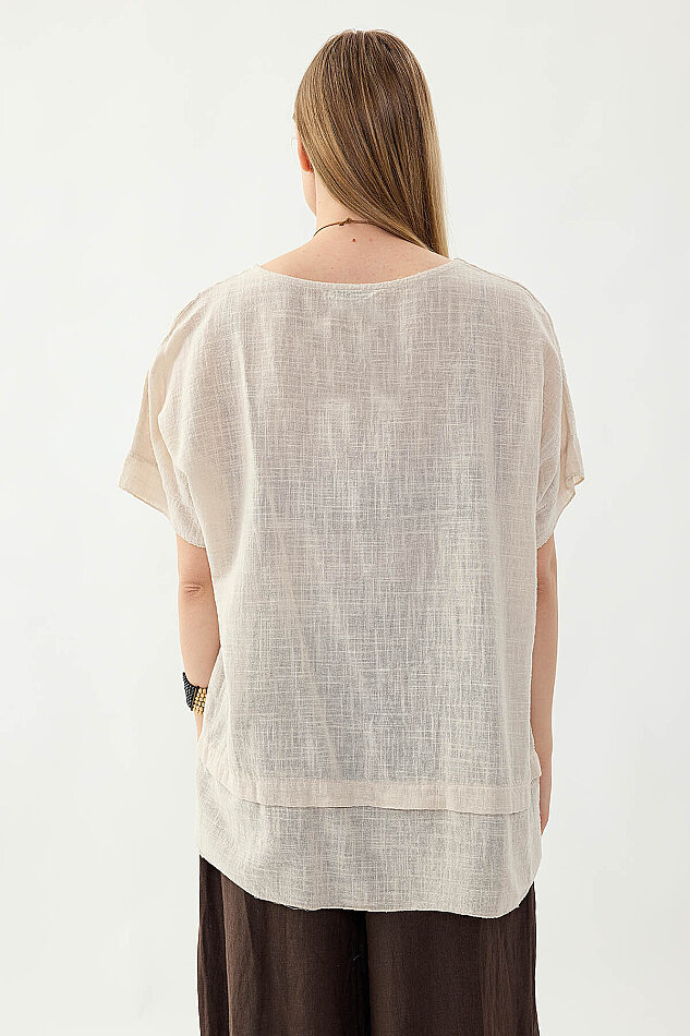 %100 Keten Çiçekli Oversize Bluz - 12