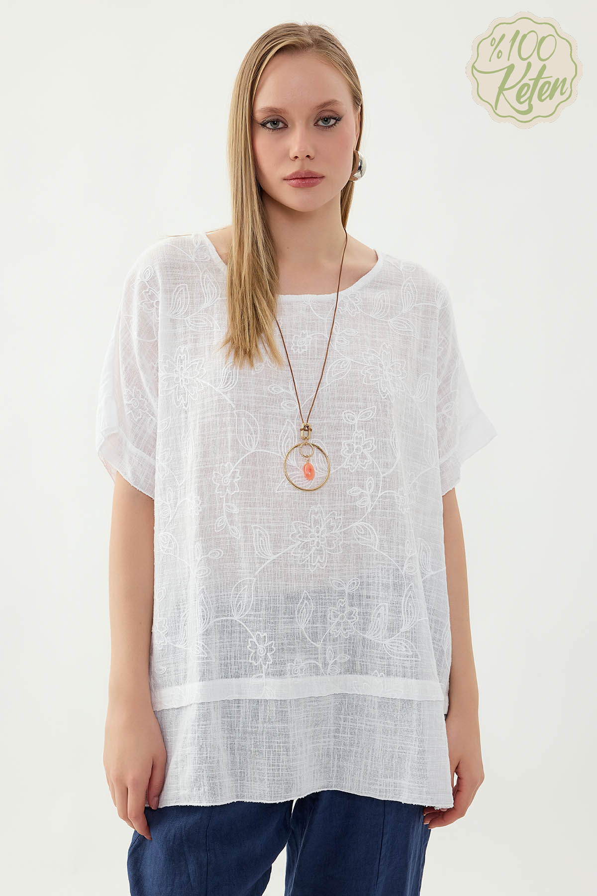 %100 Keten Çiçekli Oversize Bluz - Thumbnail