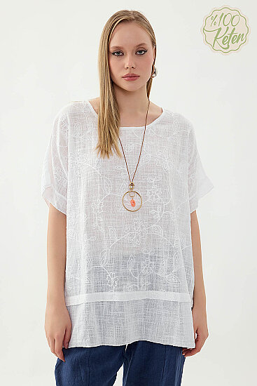 %100 Keten Çiçekli Oversize Bluz - 15
