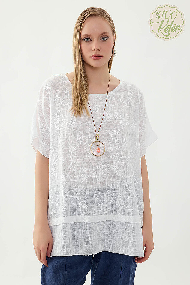 %100 Keten Çiçekli Oversize Bluz - 15