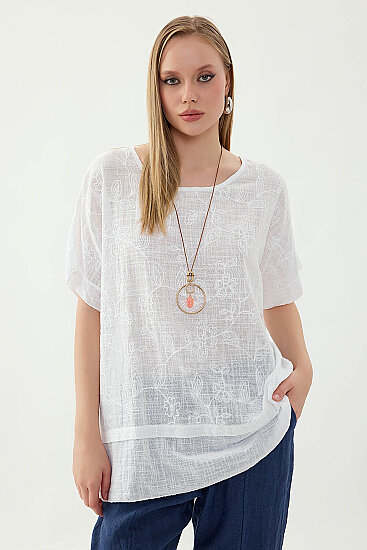 %100 Keten Çiçekli Oversize Bluz - 16