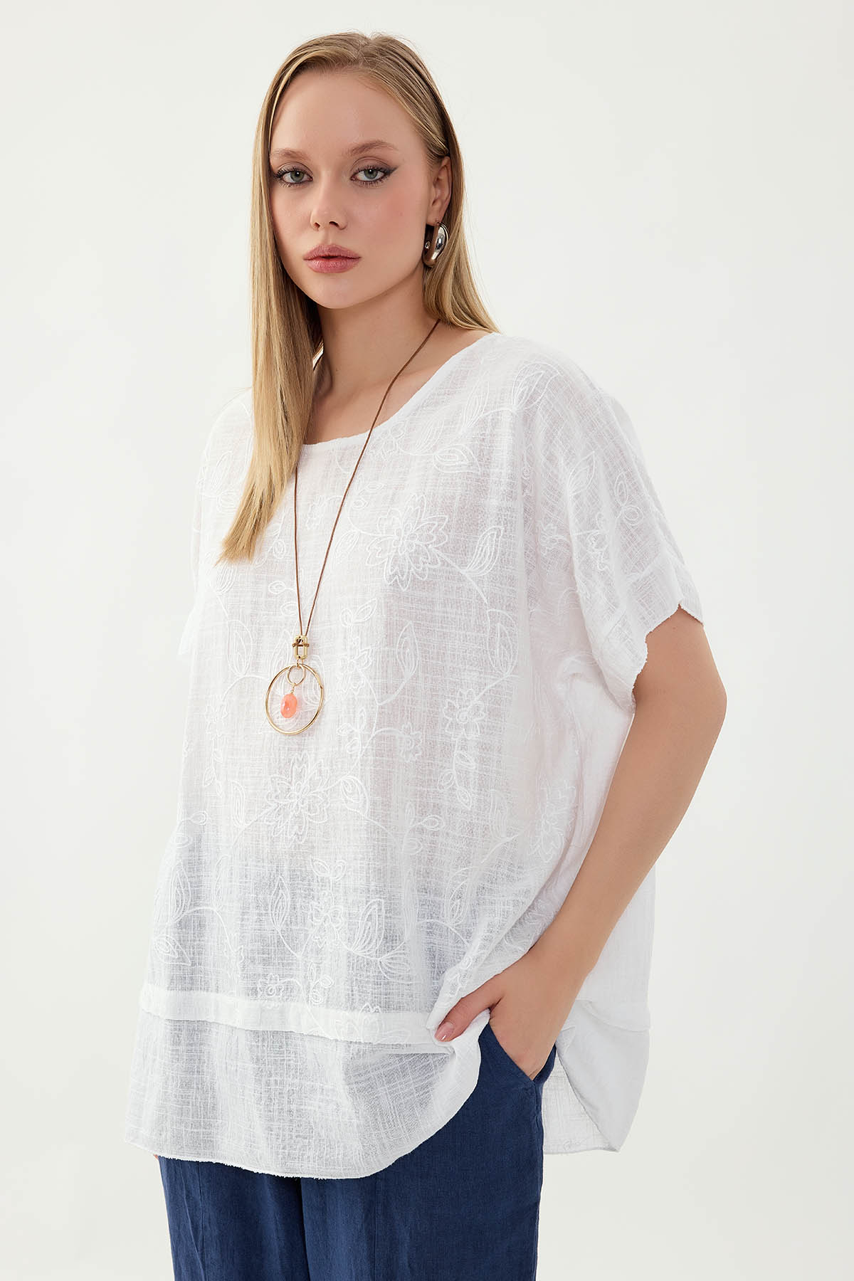 %100 Keten Çiçekli Oversize Bluz - Thumbnail