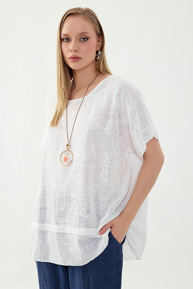 %100 Keten Çiçekli Oversize Bluz - 17