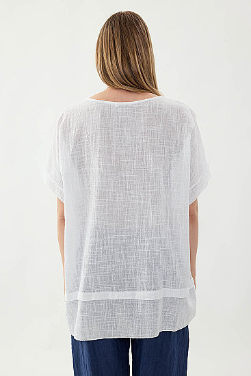 %100 Keten Çiçekli Oversize Bluz - 19