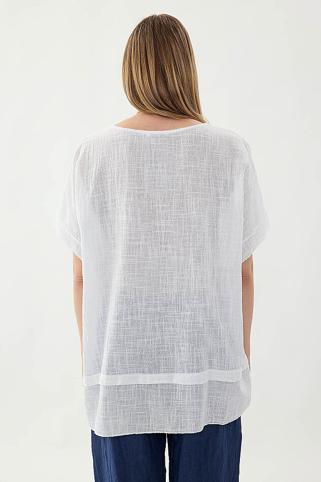 %100 Keten Çiçekli Oversize Bluz - 19