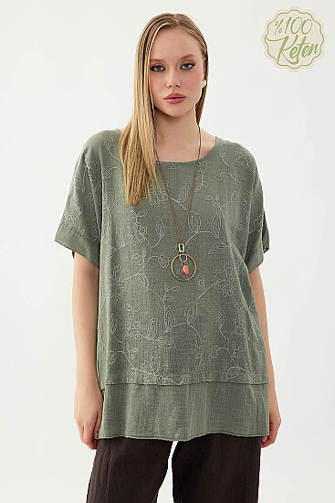 %100 Keten Çiçekli Oversize Bluz - 20