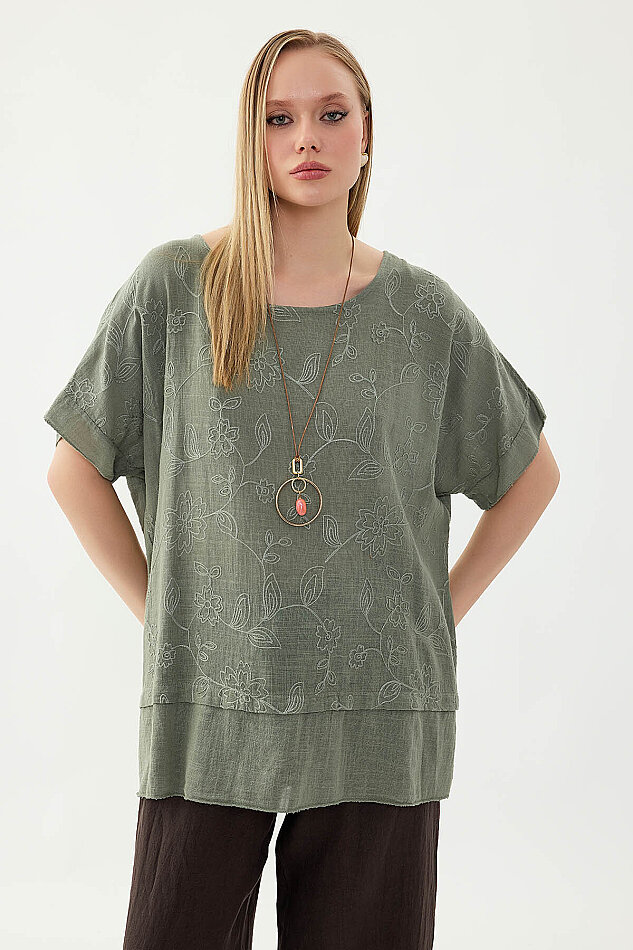 %100 Keten Çiçekli Oversize Bluz - 21
