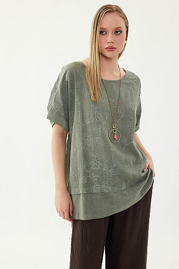 %100 Keten Çiçekli Oversize Bluz - 22