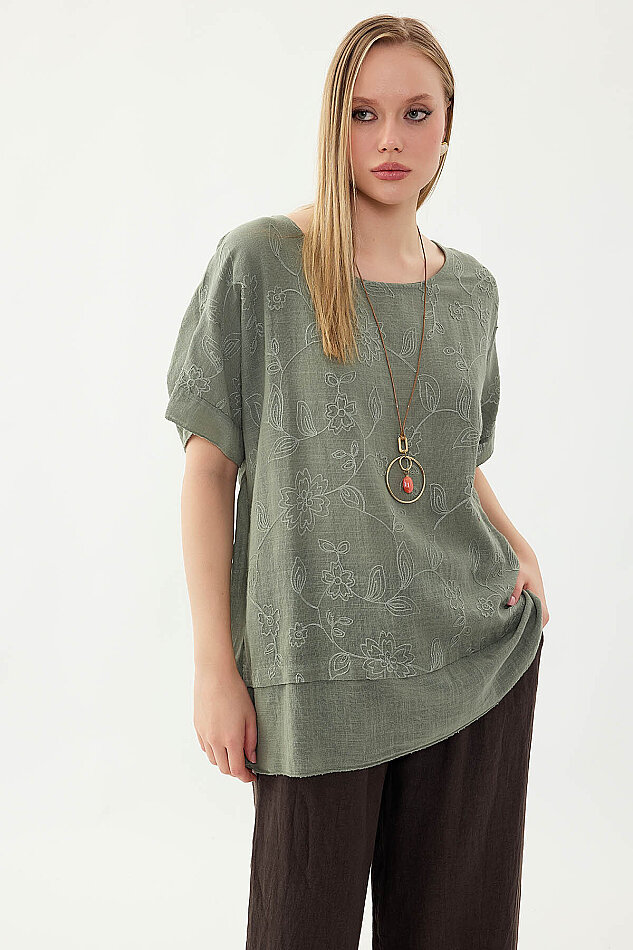 %100 Keten Çiçekli Oversize Bluz - 22