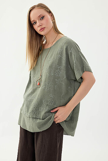 %100 Keten Çiçekli Oversize Bluz - 23
