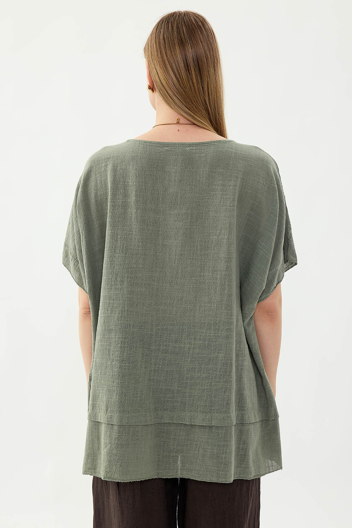 %100 Keten Çiçekli Oversize Bluz - Thumbnail