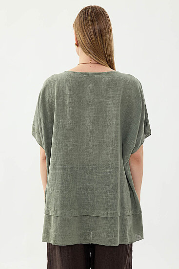 %100 Keten Çiçekli Oversize Bluz - 24
