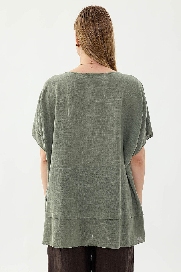 %100 Keten Çiçekli Oversize Bluz - 24