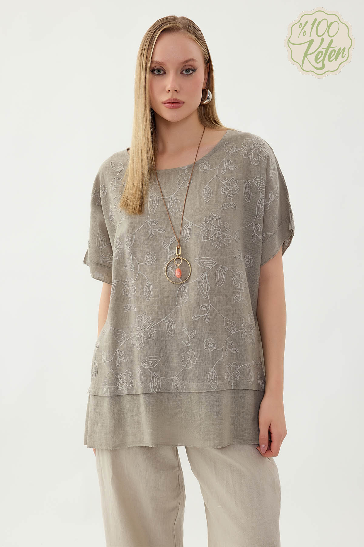 %100 Keten Çiçekli Oversize Bluz - Thumbnail