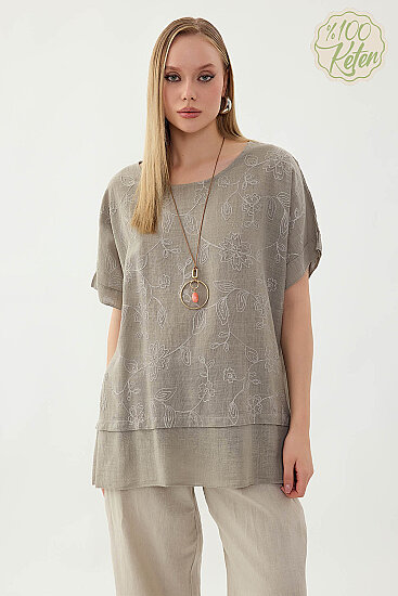 %100 Keten Çiçekli Oversize Bluz - 26