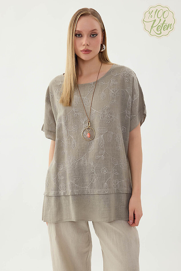 %100 Keten Çiçekli Oversize Bluz - 26