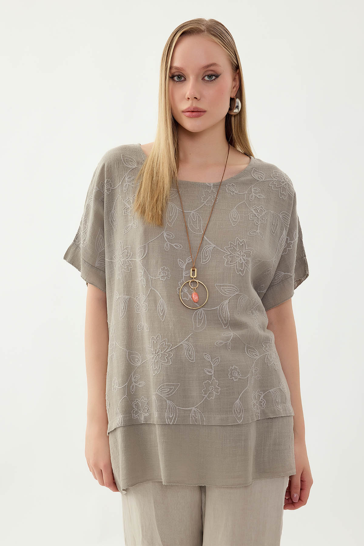 %100 Keten Çiçekli Oversize Bluz - Thumbnail