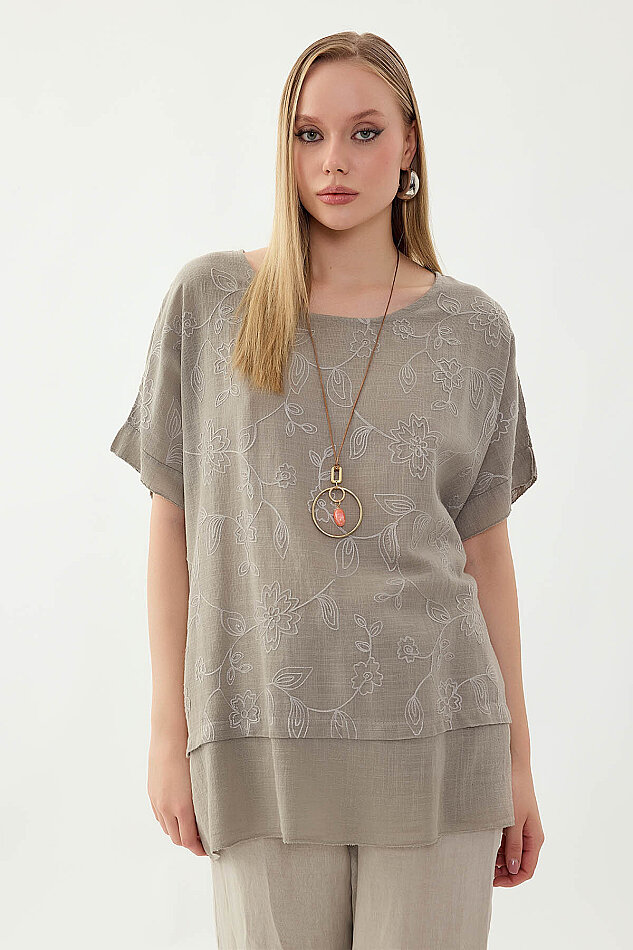 %100 Keten Çiçekli Oversize Bluz - 27