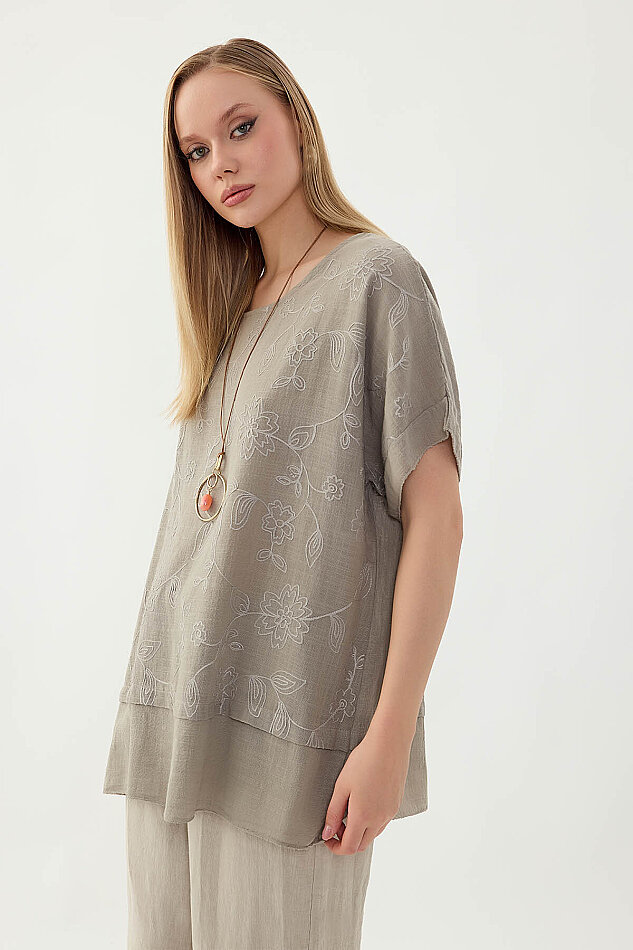 %100 Keten Çiçekli Oversize Bluz - 28